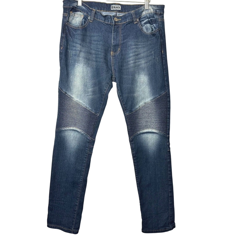CJ Black Mens Skinny Flex Moto Jeans Dark Wash Ribbed Knee 38x32 Stretch Denim